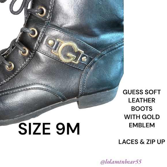GUESS BRAND SOFT LEATHER ANKLE BOOTS-SIZE 9M-GOLD EMBLEM ON SIDES-ZIP UP AND TIE - Picture 5 of 16